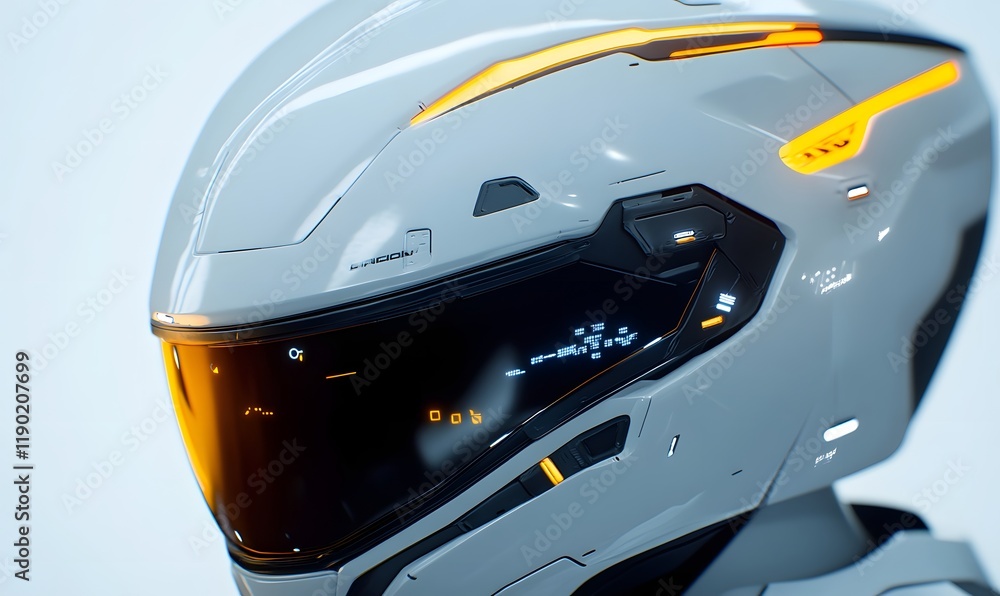 Fototapeta premium Futuristic white helmet with orange accents and digital display.