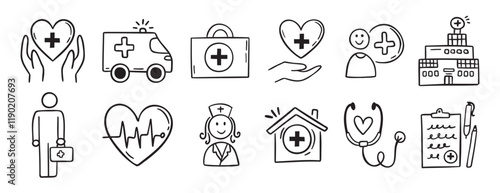 Medical kit, hospital, clinic doodle hand drawn icon set. Outline drawing stethoscope, report, healthcare, doctor, patient, line clipart symbol