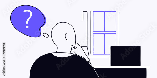 A person is sitting in front of a desk, looking out of a window with a thoughtful expression.A thought bubble with a question mark indicates they might be contemplating or uncertain about something.AI