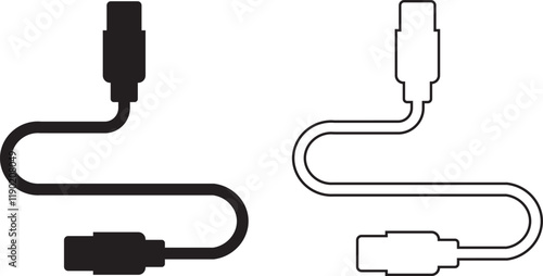 USB cable port icon set. USB type C A lightning and micro usb mobile phone charger vector collection isolated transparent. Plug adapter symbol. Electronic device connector. Smartphone charger sign