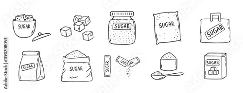 sugar doodle hand drawn icon set. Outline drawing sugar packaging, sugar cubes line clipart symbol collection