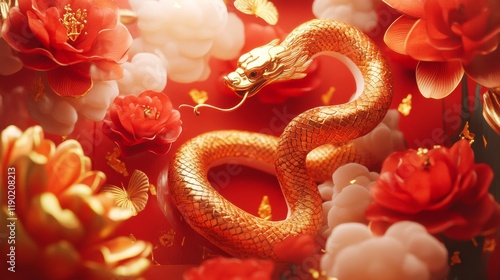 Happy Chinese new year traditional red lantern and snake spiral cloud relief with golden flower background. Chinese translation : New year of snake photo