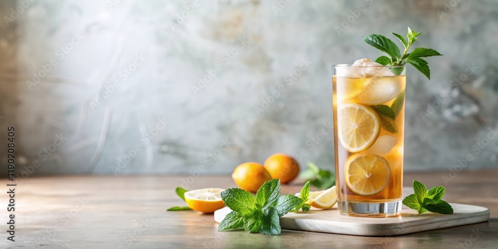 Fototapeta premium Refreshing Iced Tea with Lemon and Mint in Tall Glass on Wooden Board