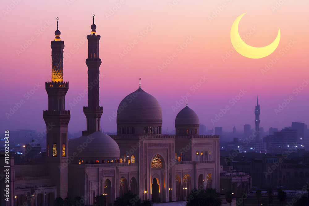 Obraz premium Ramadan background with crescent, stars and glowing clouds above mosque on mountains. Month of Ramadan is that in which was revealed Quran. Mixed media image. 