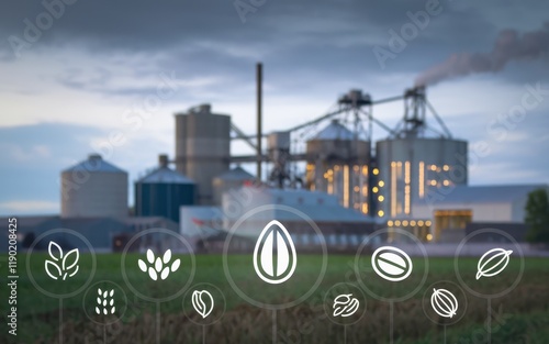 Grain processing plant with various crop icons displayed photo