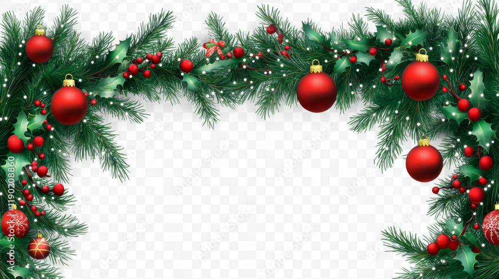 Christmas garland isolated on white background. New Year's decor in the form of green fir branches, balls, cones, stars. Holiday concept. Layout. Christmas garland isolated on white background. New Year's decor in the form of green fir branches, balls, cones, stars. Holiday concept. Layout.