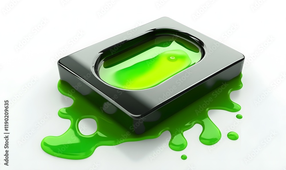 Green liquid spills from a black container. Green liquid spills from a black container.