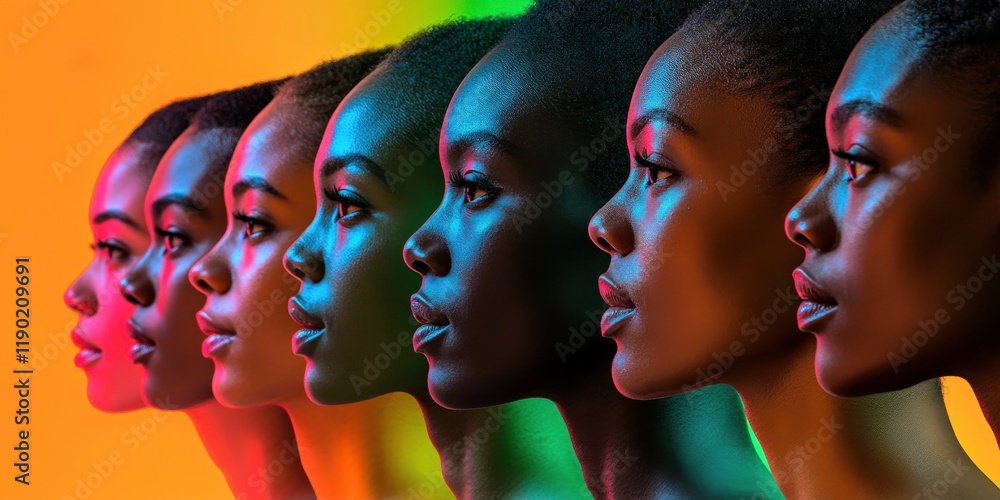 Fototapeta premium Colorful unity of diverse women portrait. Women reflect beauty and elegance, showing cultural diversity. Representation of pride, empowerment and identity, vibrant photography, modern aesthetic,
