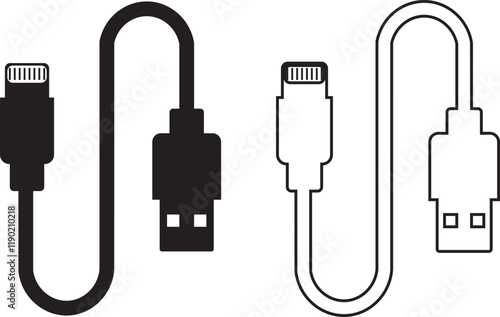 USB cable port icon set. USB type C A lightning and micro usb mobile phone charger vector collection isolated transparent. Plug adapter symbol. Electronic device connector. Smartphone charger sign