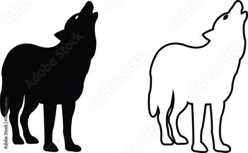 Black wolf silhouette cutout icon set. Flat and line vector wolf animal collection isolated on transparent background. Front and side view print tribal tattoo howling design Pagan familiar spirit art photo