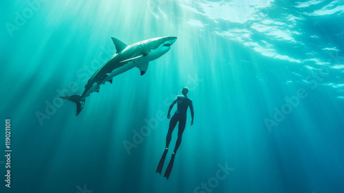 Daredevil swimmer in wetsuit diving near massive shark in ocean depths. serene underwater scene captures thrill and beauty of marine life photo