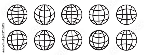 website globe doodle hand drawn icon set. Outline drawing internet line clipart symbol collection