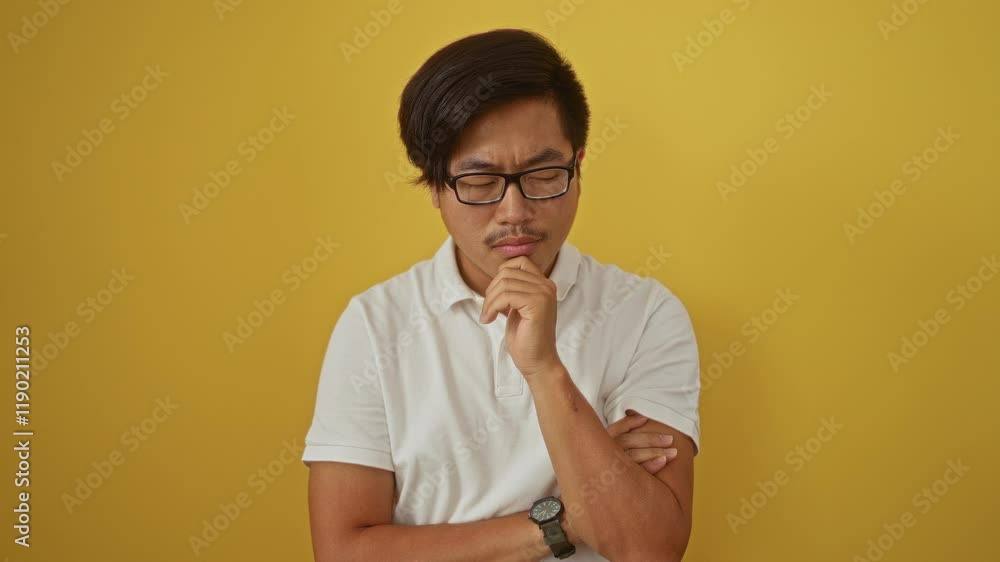 Young man in glasses thinking and pointing with one hand on chin against yellow background Young man in glasses thinking and pointing with one hand on chin against yellow background