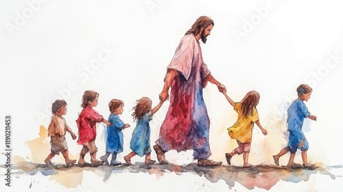 Jesus Christ and Children: A Watercolor Illustration of Faith and Love