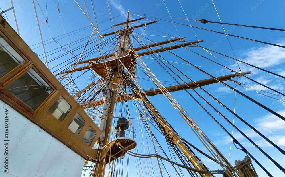 Ropes stretched across the masts of an old ship Ropes stretched across the masts of an old ship