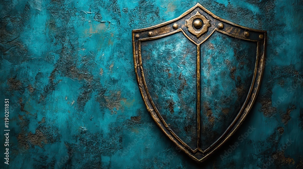 A sturdy shield, symbolizing protection and security, rests against a vibrant turquoise background A sturdy shield, symbolizing protection and security, rests against a vibrant turquoise background