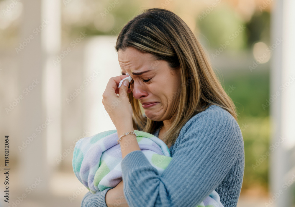 Sad Mother Holding Baby, Crying