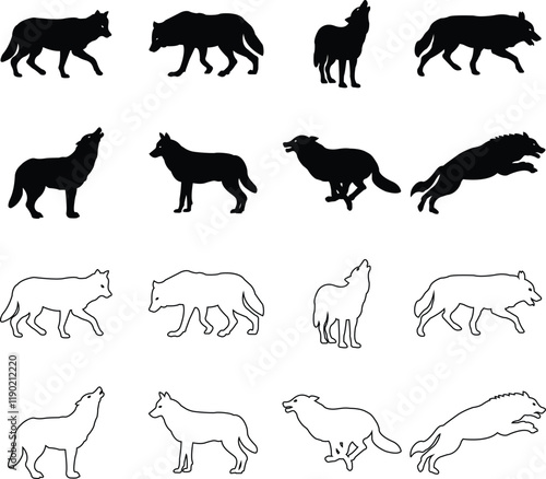 Black wolf silhouette cutout icon set. Flat and line vector wolf animal collection isolated on transparent background. Front and side view print tribal tattoo howling design Pagan familiar spirit art photo