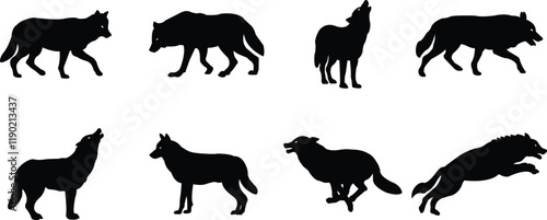 Black wolf silhouette cutout icon set. Flat vector wolf animal collection isolated on transparent background. Front and side view print tribal tattoo howling design Pagan familiar spirit art