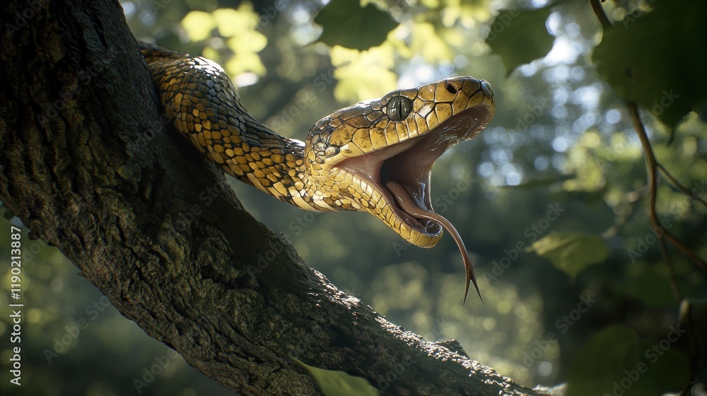 A yellow snake with its mouth open, hanging from a tree branch in a forest. A yellow snake with its mouth open, hanging from a tree branch in a forest.