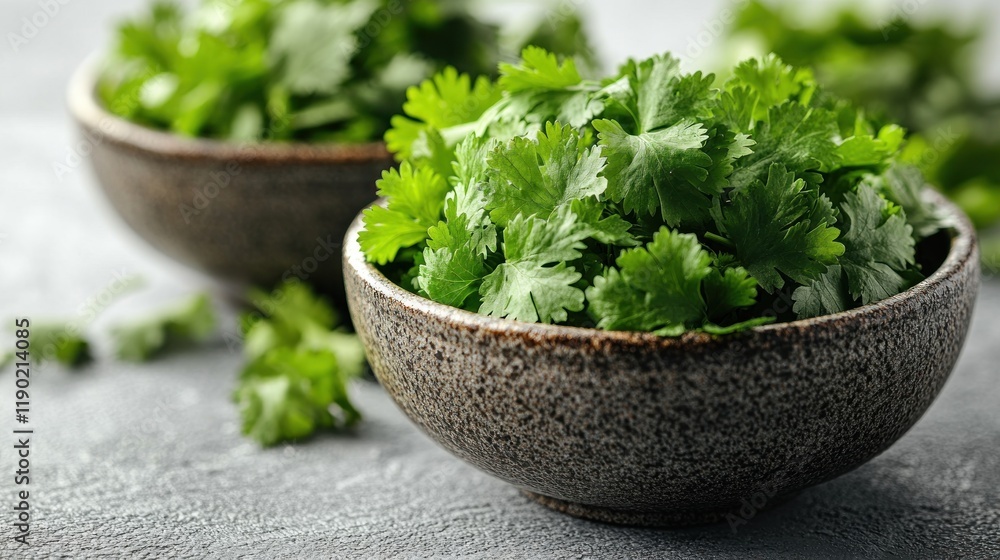 Fresh cilantro leaves in rustic bowls. Fresh cilantro leaves in rustic bowls.