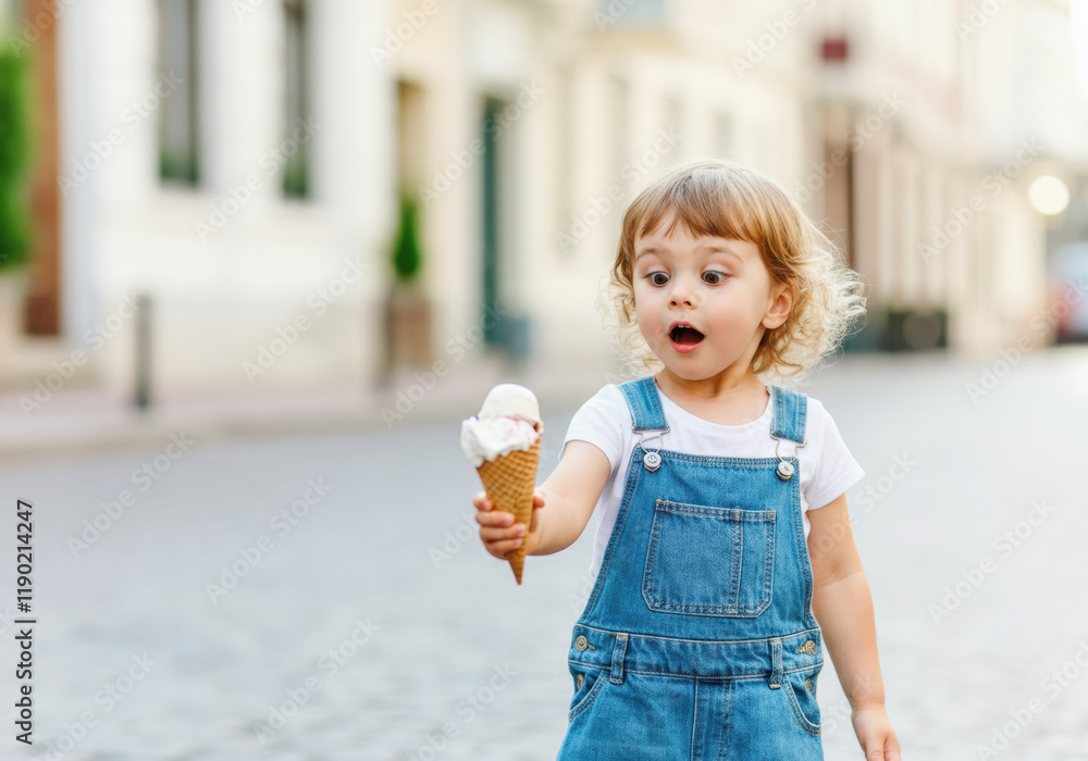 Toddler Girl with Ice Cream Cone on City Street