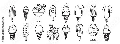 ice cream doodle hand drawn icon set. Outline drawing ice cream line clipart symbol collection