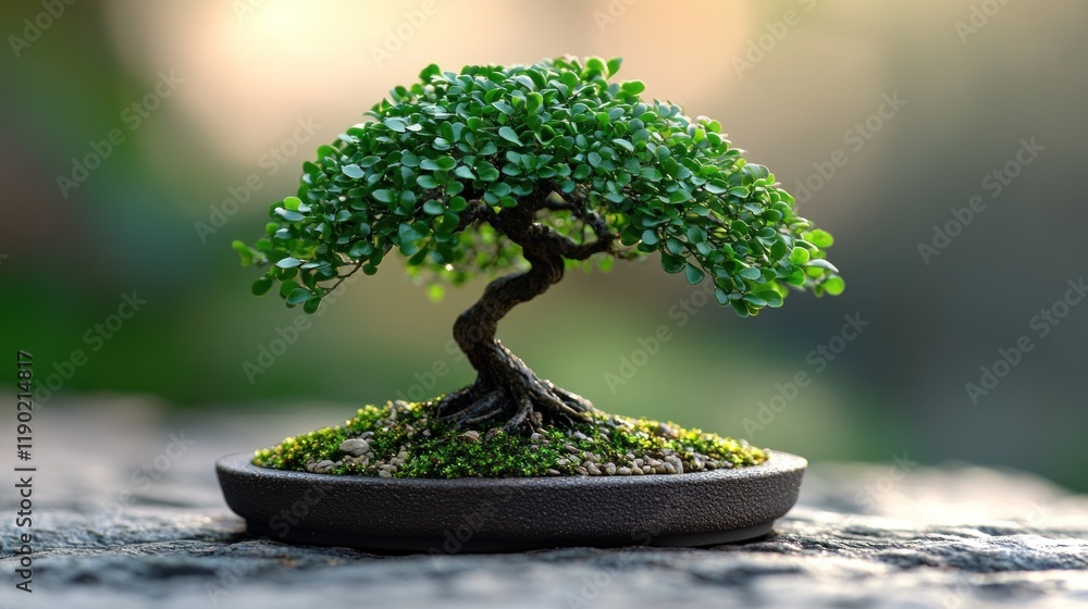 Lush green bonsai tree in a dark brown pot on a stone surface. Lush green bonsai tree in a dark brown pot on a stone surface.