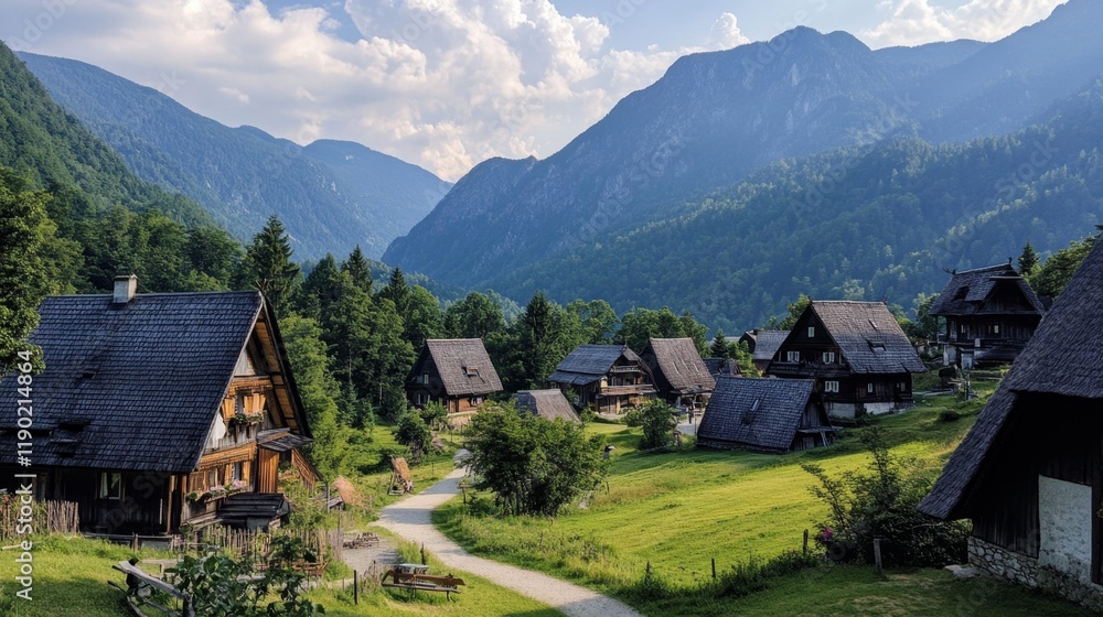 Picturesque Alpine Village Nestled in a Mountain Valley Picturesque Alpine Village Nestled in a Mountain Valley