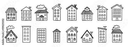 House building with roof doodle hand drawn icon set. Outline drawing house building with roof line clipart symbol collection