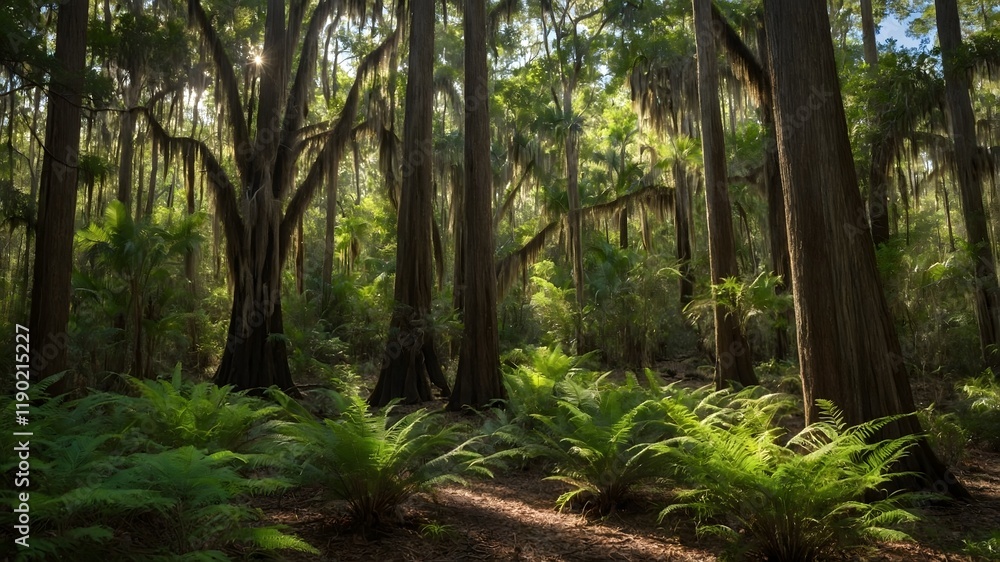 Quiet Wilderness: Florida Torres Trees in a Sunlit Forest Setting Quiet Wilderness: Florida Torres Trees in a Sunlit Forest Setting