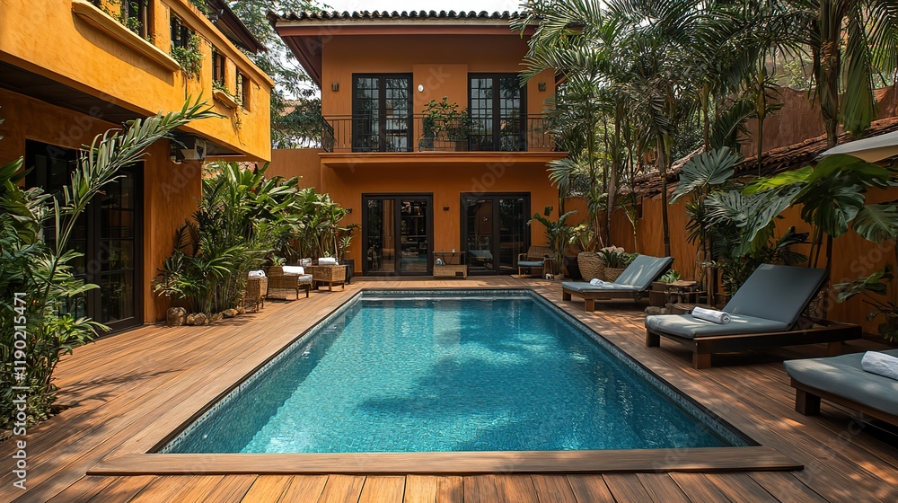 custom made wallpaper toronto digitalA swimming pool with a wooden deck and stairway at a serene hotel