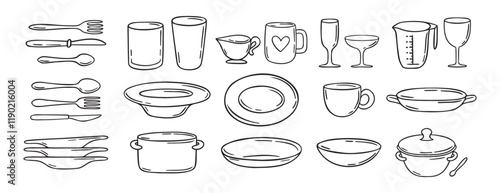 dishes dinnerware doodle hand drawn icon set. Plate, glass and cup, mug, bowl. Outline drawing tableware for kitchen line clipart symbol collection