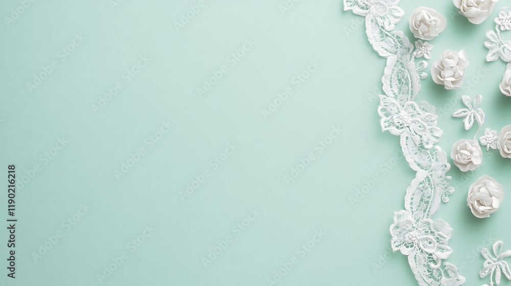 Fototapeta premium White Lace and Flowers on Mint Green Background