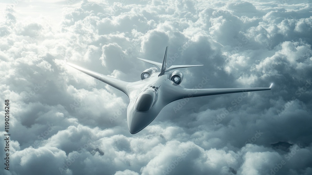 Naklejka premium Stunning visualization of a futuristic electric-powered sports aircraft soaring through the clouds, emphasizing innovation in aviation