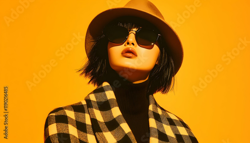 Photo, Fashion Model, Yellow Backdrop, Checkered Coat, Sunglasses, Hat - Stylish Autumn Look