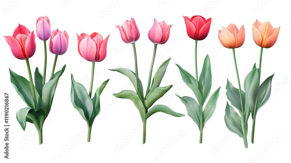 Set of tulips in violet, white, pink, red, purple, and blue on a transparent background. Valentine's Day, Easter, Birthday, Women's Day, Mother's Day, flat lay, quotes, greetings, messages, and cards. Set of tulips in violet, white, pink, red, purple, and blue on a transparent background. Valentine's Day, Easter, Birthday, Women's Day, Mother's Day, flat lay, quotes, greetings, messages, and cards.