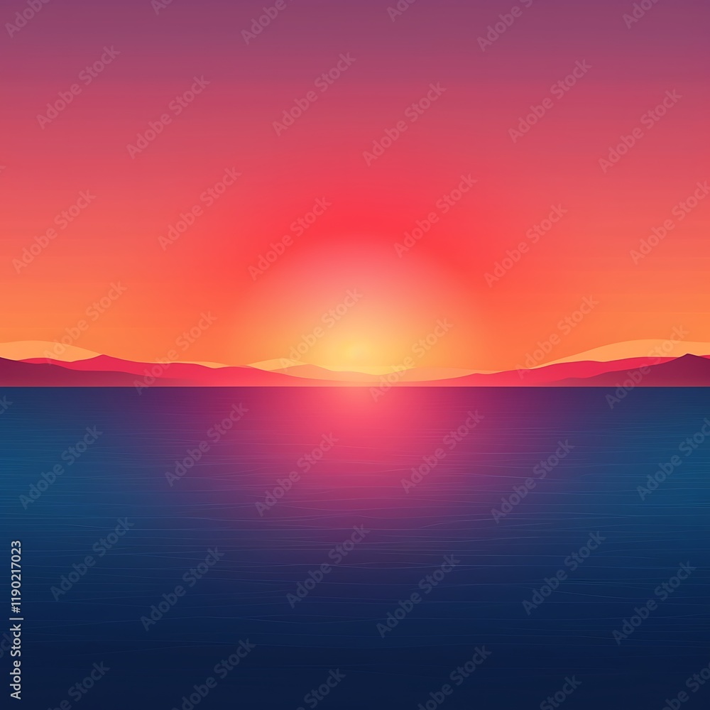 Vibrant Sunset Over Calm Ocean Mountains Silhouette