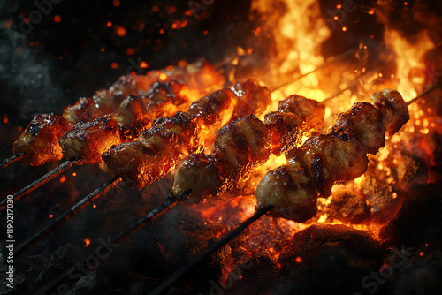 Tandoori Chicken Skewers Roasting Over Fiery Embers with Vibrant Spices in Night Glow photo