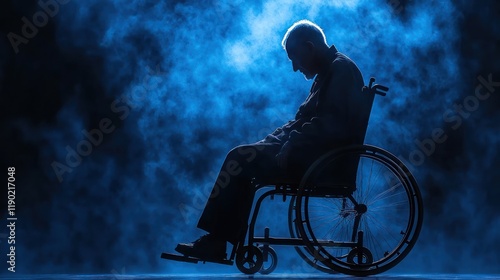 Solitary Reflection: Elderly Man Contemplating Life in Wheelchair photo