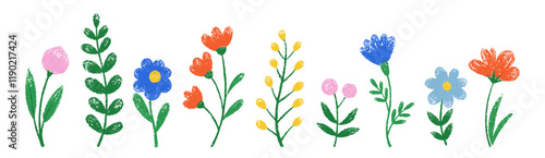 Doodle flowers for kids with crayon, chalk or pastel texture. Panoramic spring floral banner. Easter or summer vector illustration on a white background.