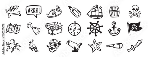pirate adventure and sea elements. ship, coins, bottle, anchor doodle hand drawn icon set. Outline drawing pirate sea adventure line clipart symbol collection