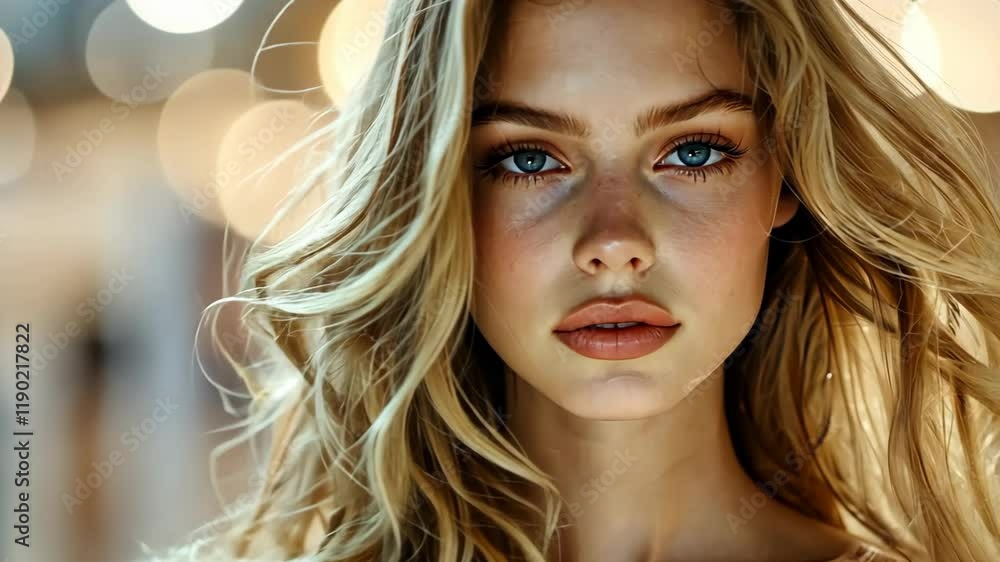 close up face portrait of a blonde hair girl with festive bokeh light, close up face portrait of a blonde hair girl with festive bokeh light,