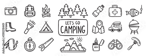 camping equipment doodle hand drawn icon set. Outline drawing camping tourism line clipart symbol collection. Local travel adventure 