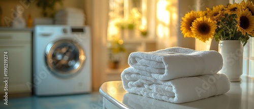 laundry room, a pristine white table adorned with neatly folded stacks of freshly laundered clothes. a sleek washing machine hums quietly in the background. lifestyle visuals 