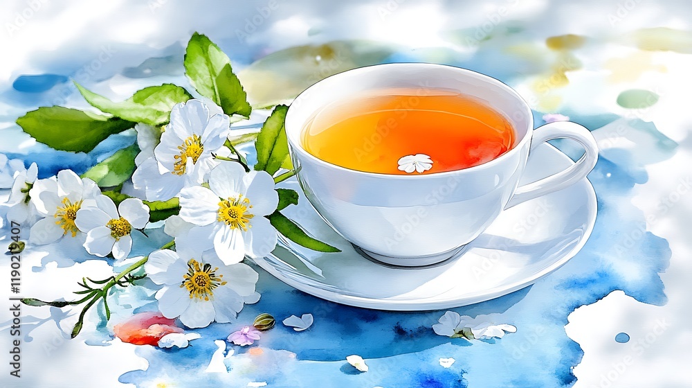 Watercolor Teacup Flowers Spring Herbal Tea Refreshment Watercolor Teacup Flowers Spring Herbal Tea Refreshment