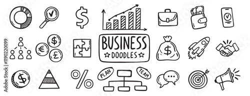 business doodle hand drawn icon set. Outline drawing business line clipart symbol collection