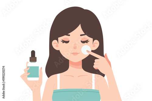 Flat illustration of a woman skin applying pimple patch on her face or absorbing pad on her face. Skin care routine and acne treatment