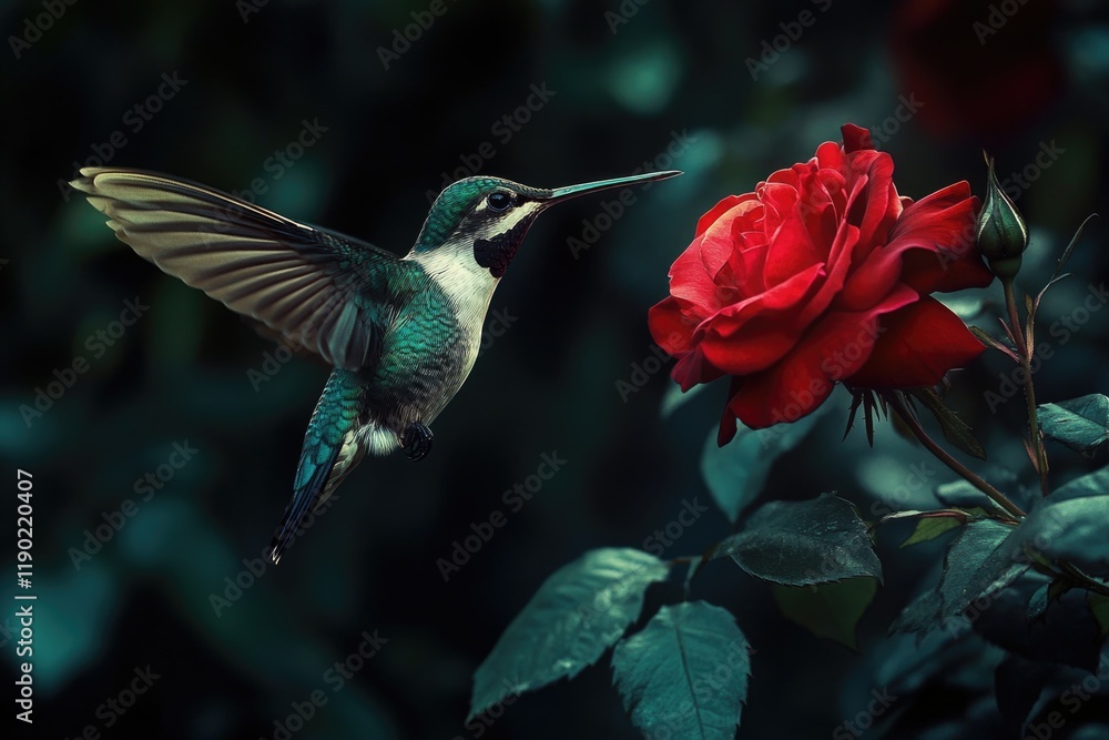 Fototapeta premium Hummingbird on Red Rose