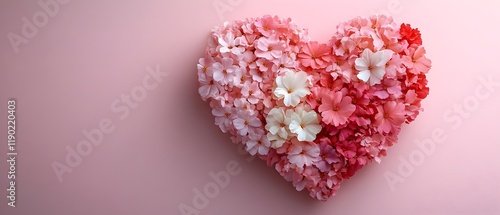 a heart shape created from tiny, fresh pink, red, and white flowers arranged on a light magenta background. valentine’s day, love and heart, love banner
